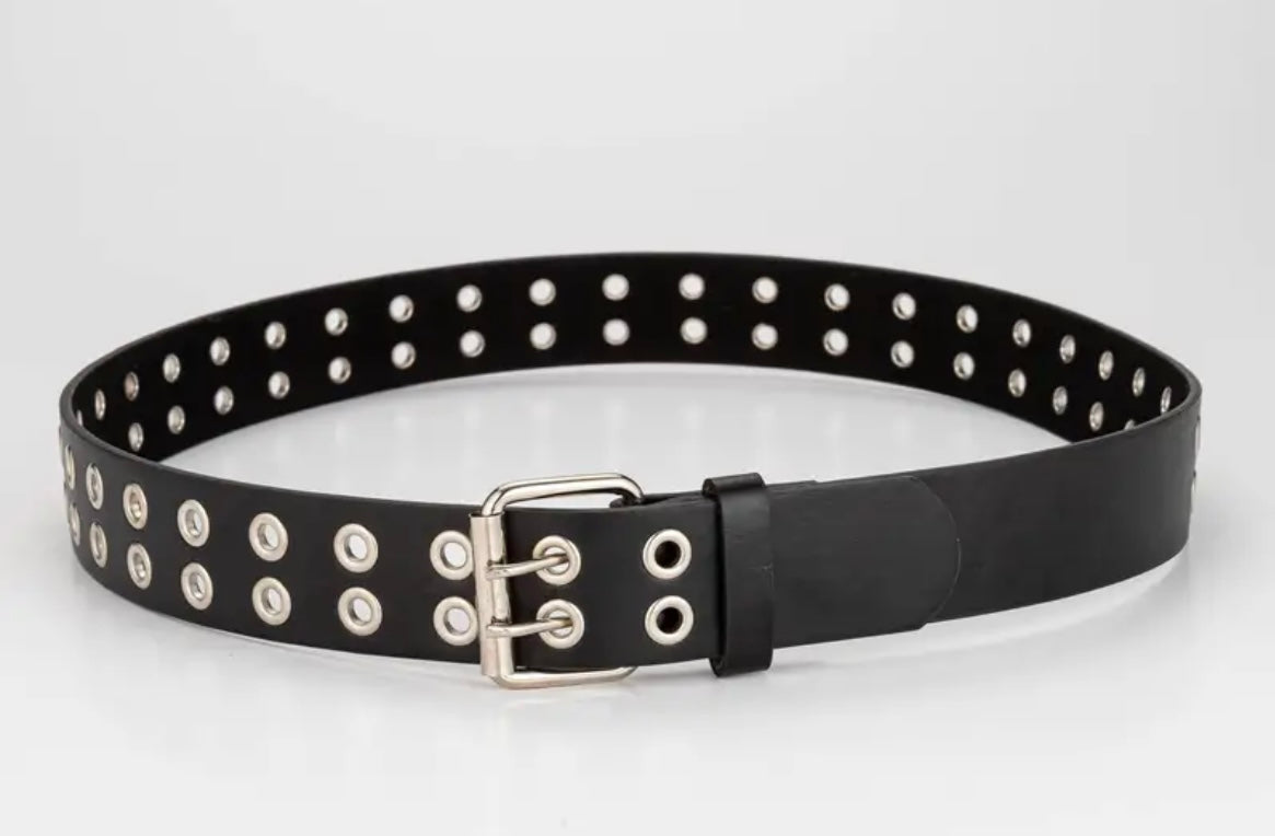 Double Eyelet Black Leather Belt