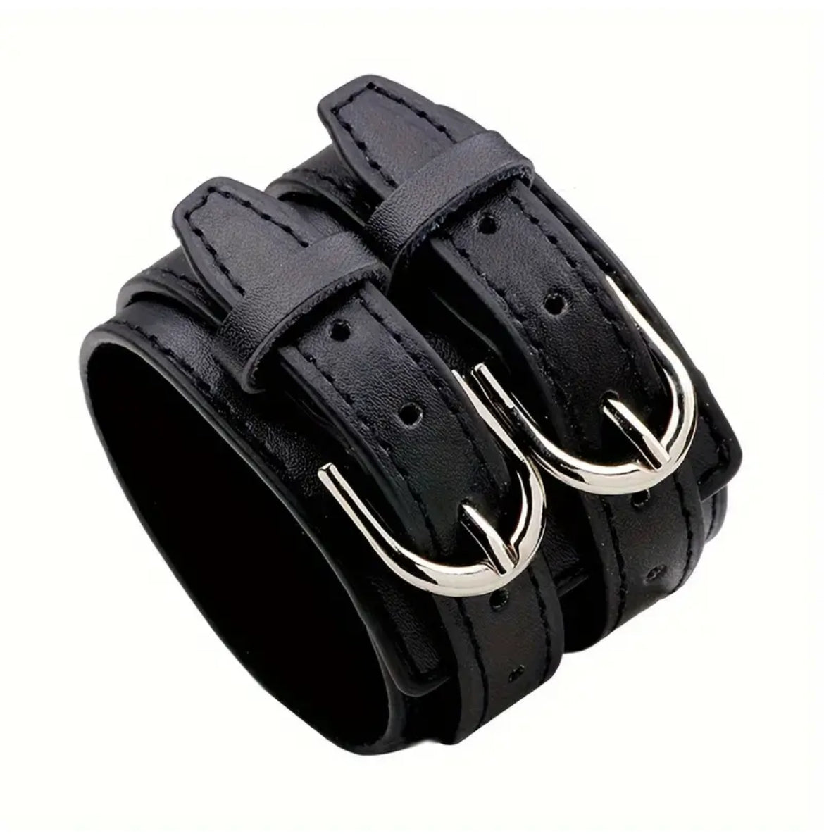 Double Buckle Black Leather Bracelet