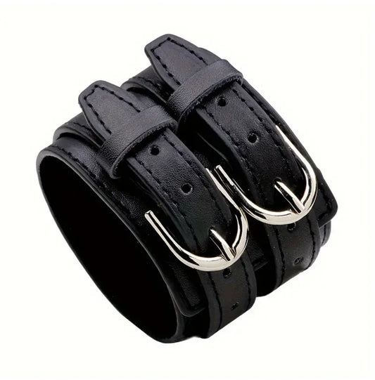 Double Buckle Black Leather Bracelet